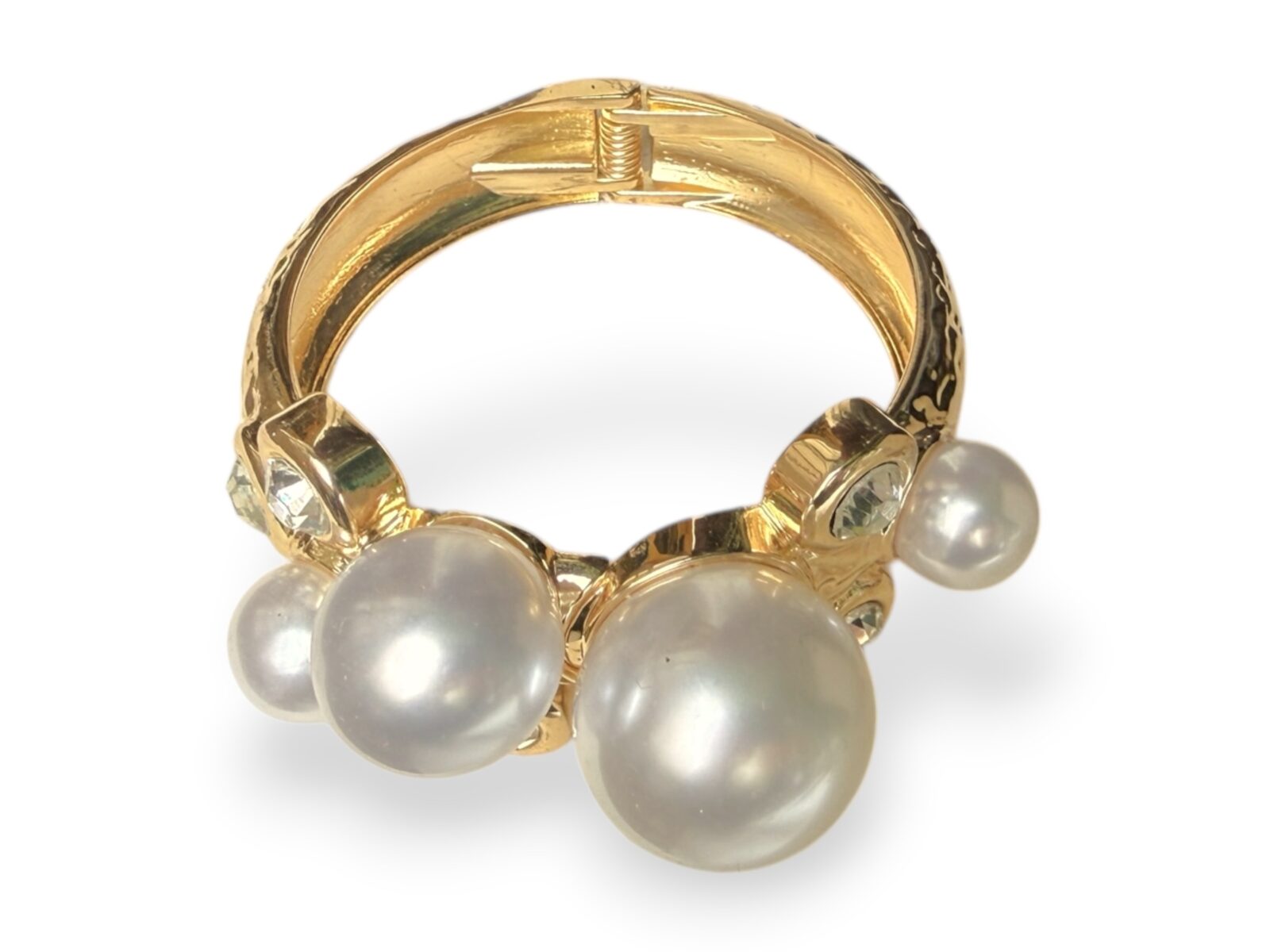 A Golden Metal Hinged Cuff With Four Round White Glass 'Faux Pearls', And Five Clear Facetted Glass Domed Circular Cabochons. - Image 4