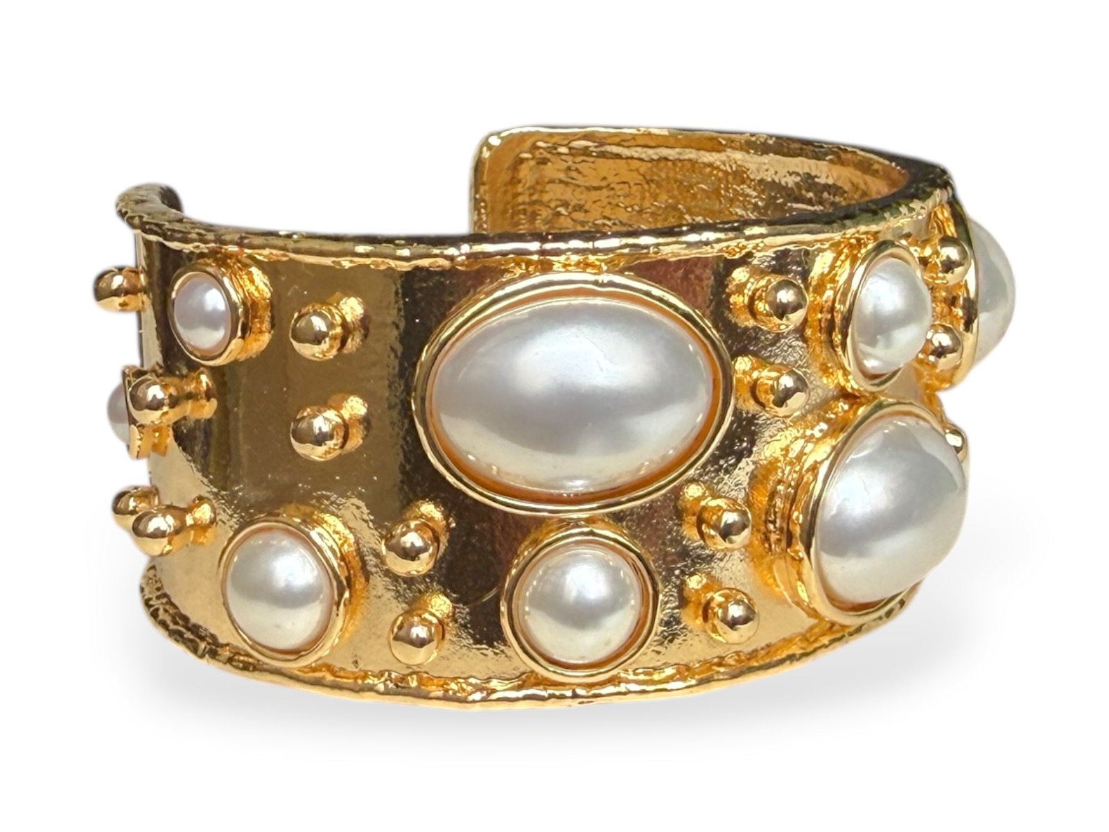 A Golden Metal Open Cuff With Small Studs And Twelve Mixed Sized And Shaped White Glass 'Faux Pearls'. - Image 2