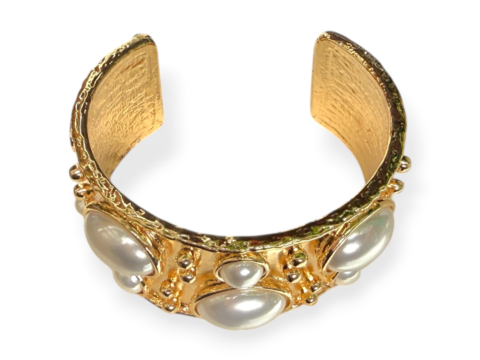 A Golden Metal Open Cuff With Small Studs And Twelve Mixed Sized And Shaped White Glass 'Faux Pearls'. - Image 3