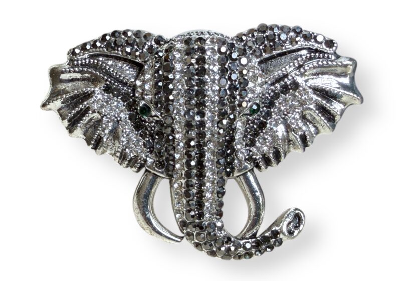 Silvered Metal Elephants Head Brooch With Clear And Black Facetted Glass Cabochons