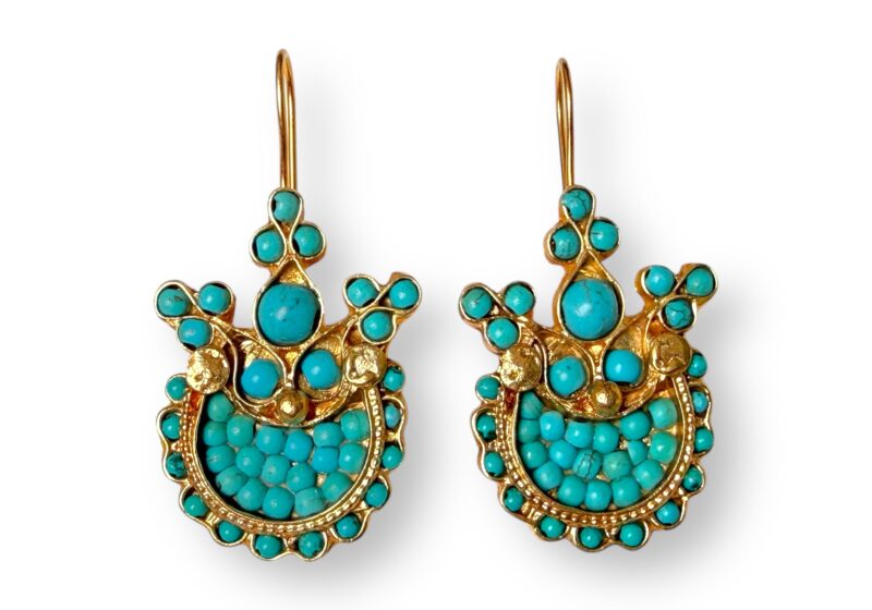 A Pair Of Gold Plated Earrings, Each With A Curved Band Inlaid With Turquoise Cabochons