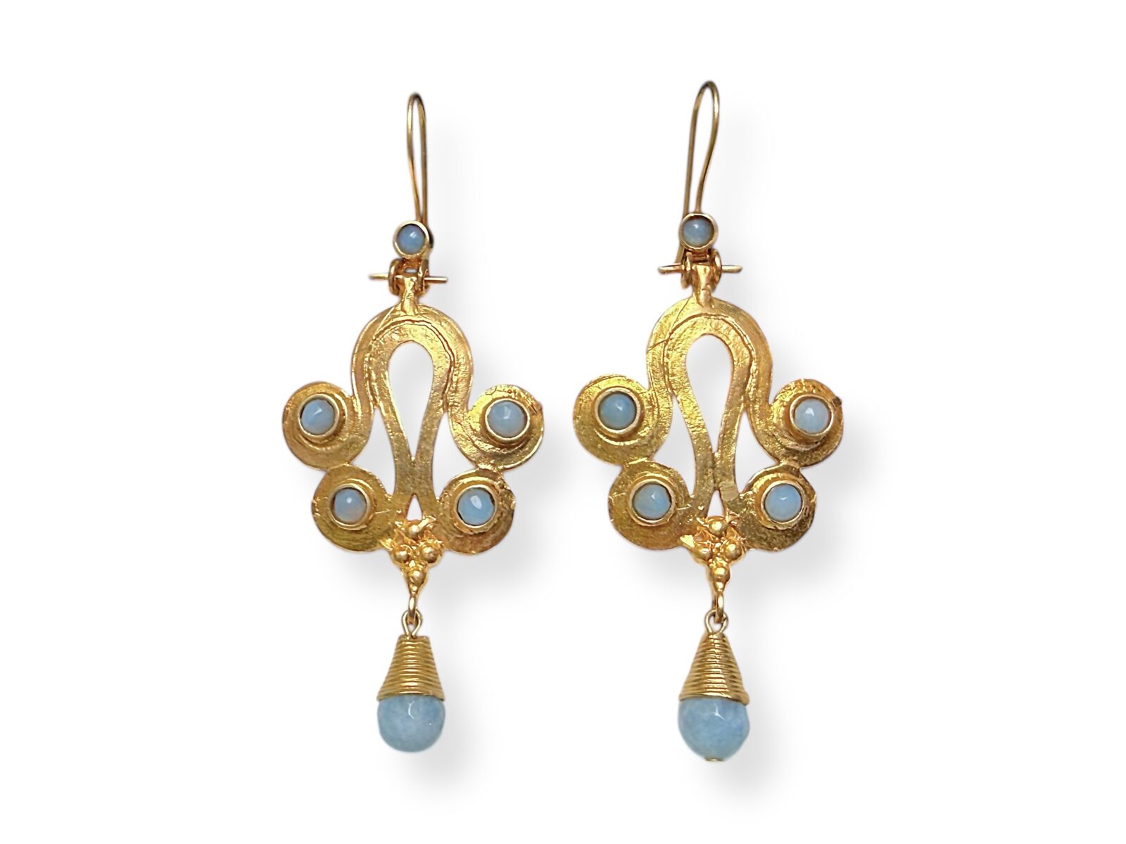 A Pair Of Gold Plated Double Curved And Coiled Bands Earrings With Blue Agate Inlays And Pendant