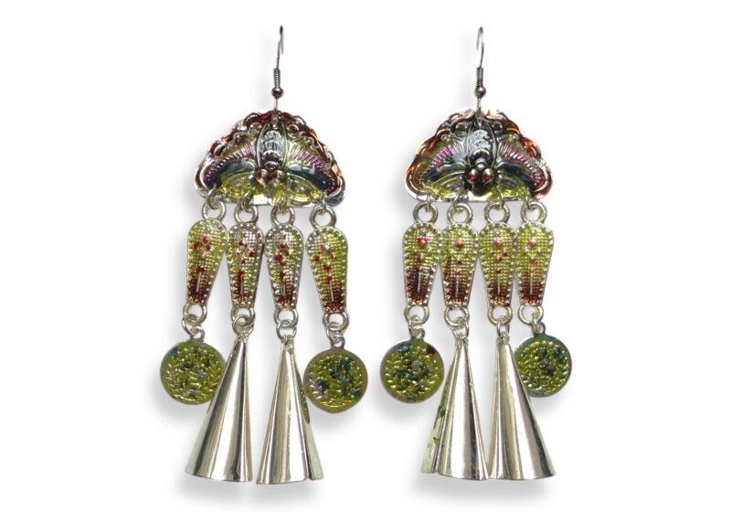 Silvered Metal Painted Enamel Butterfly And Long Pendants Earrings