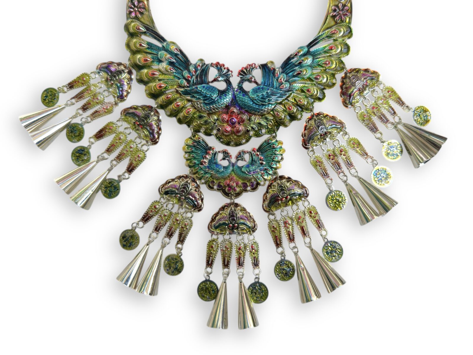 A Chinese Silvered Metal Multicoloured Enamelled Curved Band Necklace , Decorated With Peacocks, Butterflies And Pendants. - Image 2