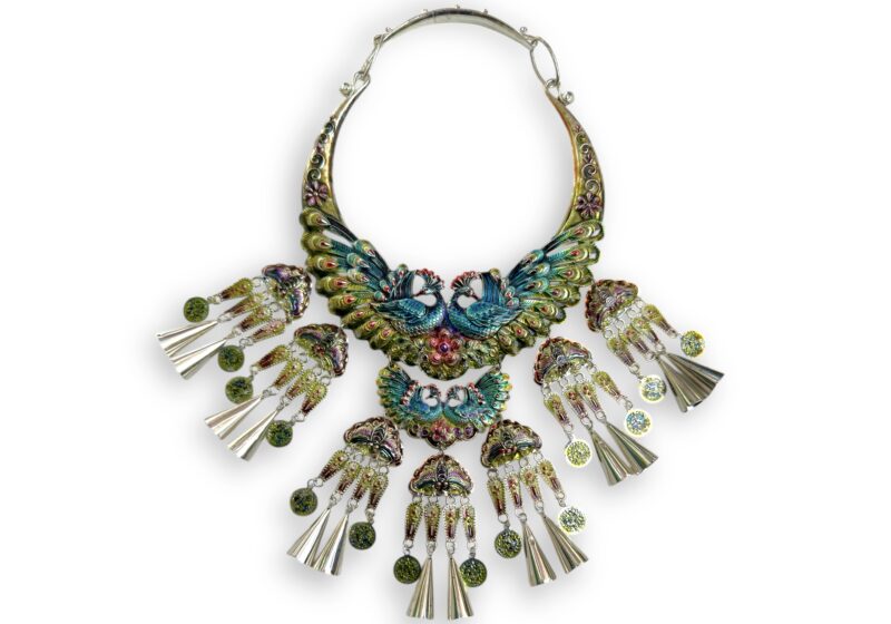 A Chinese Silvered Metal Multicoloured Enamelled Curved Band Necklace , Decorated With Peacocks, Butterflies And Pendants.