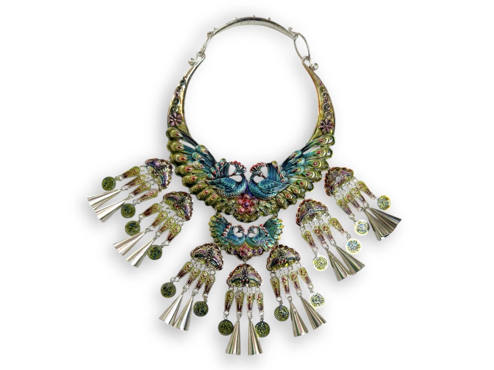 A Chinese Silvered Metal Multicoloured Enamelled Curved Band Necklace , Decorated With Peacocks, Butterflies And Pendants.