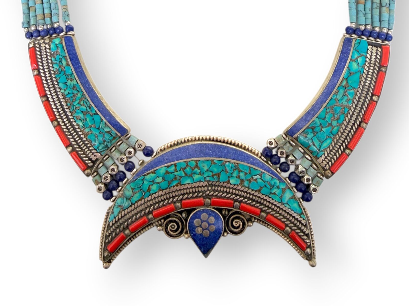 A Nepalese Silver Plated Necklace With A Crescent Shaped Pendant With Turquoise And Coral Beads, And Blue Resin Inlays. - Image 2
