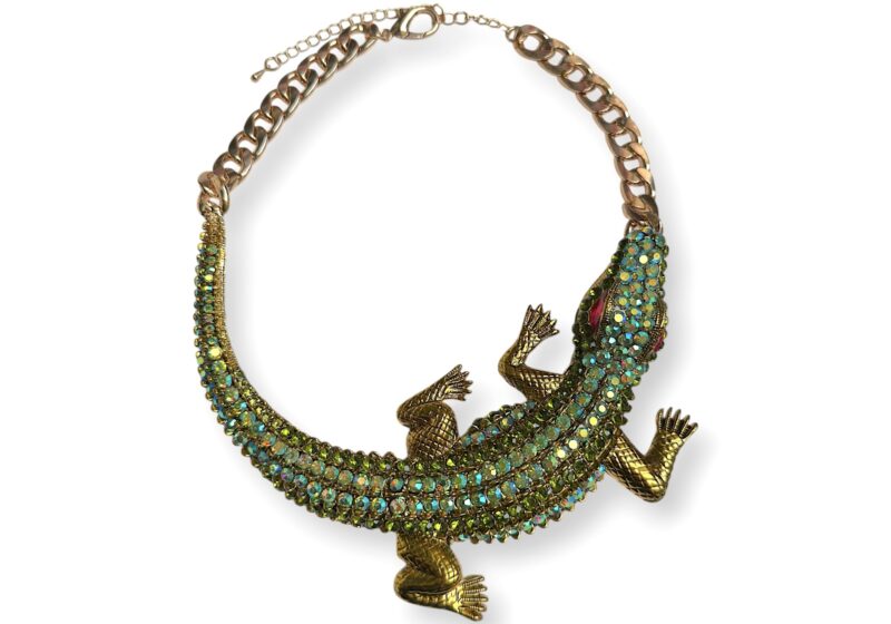 Golden Metal Curved Crocodile Necklace Inlaid With Facetted Green Cabochons