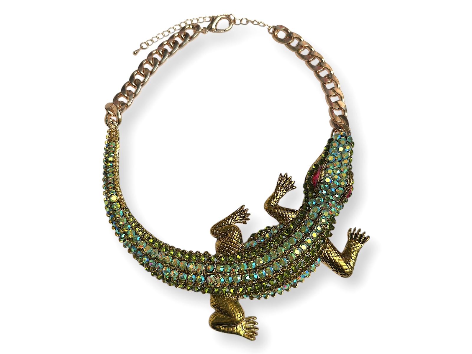 Golden Metal Curved Crocodile Necklace Inlaid With Facetted Green Cabochons