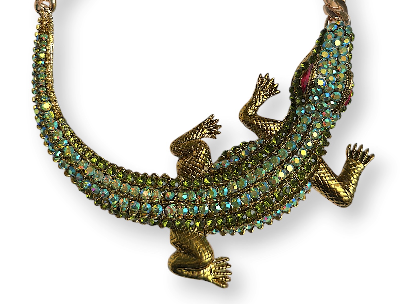 Golden Metal Curved Crocodile Necklace Inlaid With Facetted Green Cabochons - Image 2