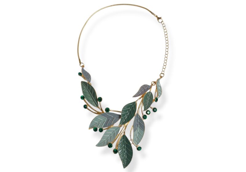 A Golden Metal Chain Necklace With Enamelled Green Leaves And Facetted Green Glass Cabochons