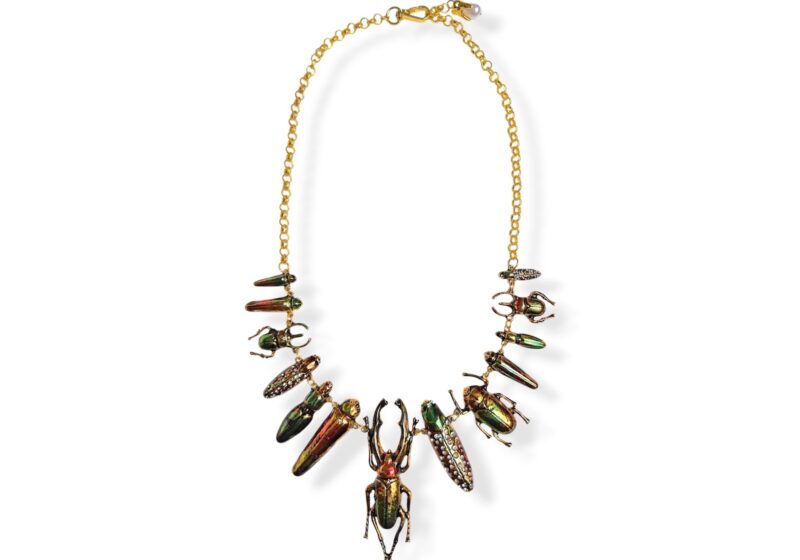 Gold Plated Long Chain Necklace With Linked Enamel Painted Beetle Pendant Drops
