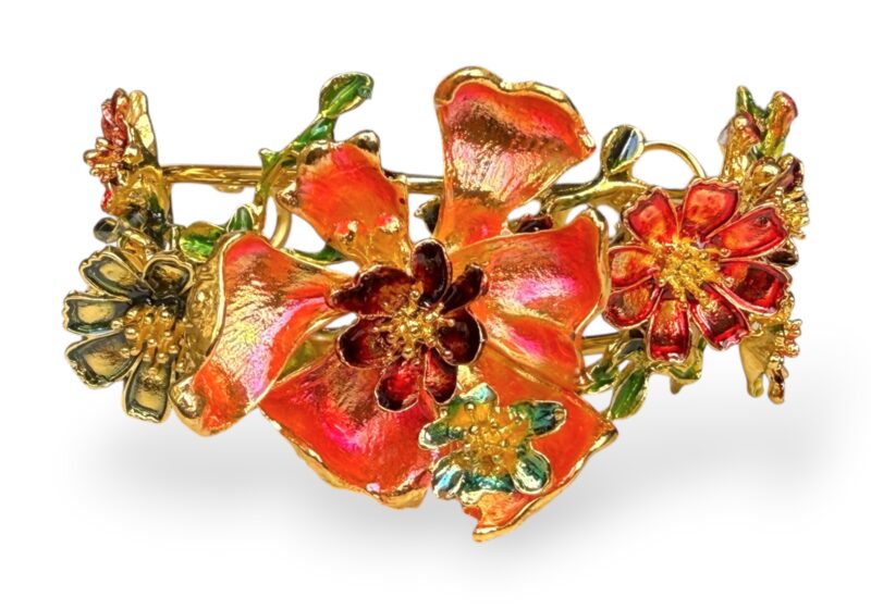 A Golden Metal Open Cuff Decorated With Enamel Painted Flowers, Leaves, And Butterflies.