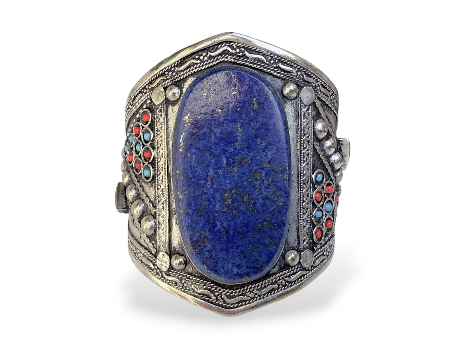 An Afghan Silver Plated Open Cuff, Inlaid With A Lapis Oval Cabochon With Red And Blue Small Glass Beads.