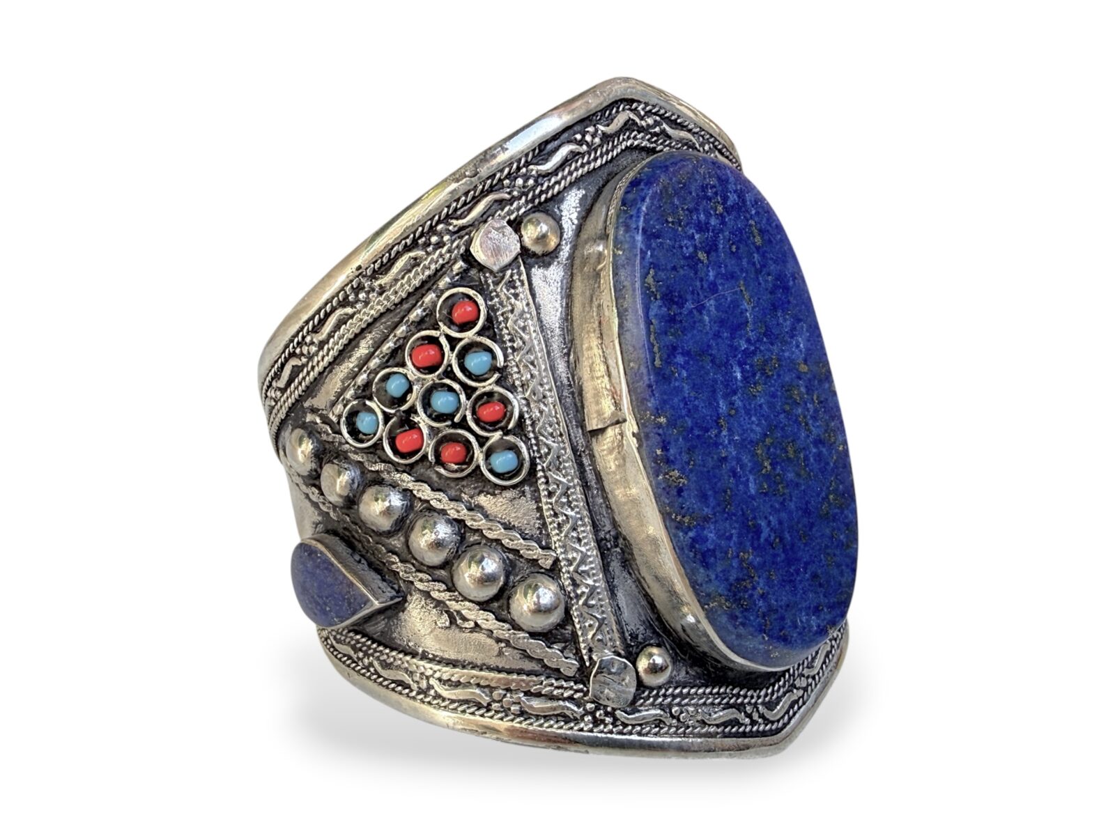 An Afghan Silver Plated Open Cuff, Inlaid With A Lapis Oval Cabochon With Red And Blue Small Glass Beads. - Image 2