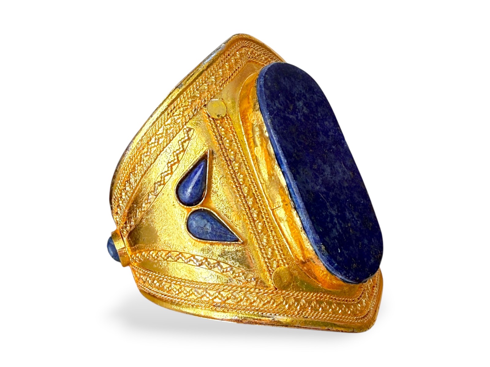 An Afghan Gold Plated Patterned Open Cuff With A Lapis Lazuli Oval Panel At The Centre, And Six Small Lapis Lazuli Inlays - Image 2