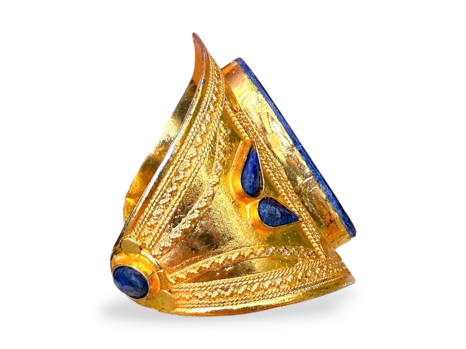 An Afghan Gold Plated Patterned Open Cuff With A Lapis Lazuli Oval Panel At The Centre, And Six Small Lapis Lazuli Inlays - Image 3