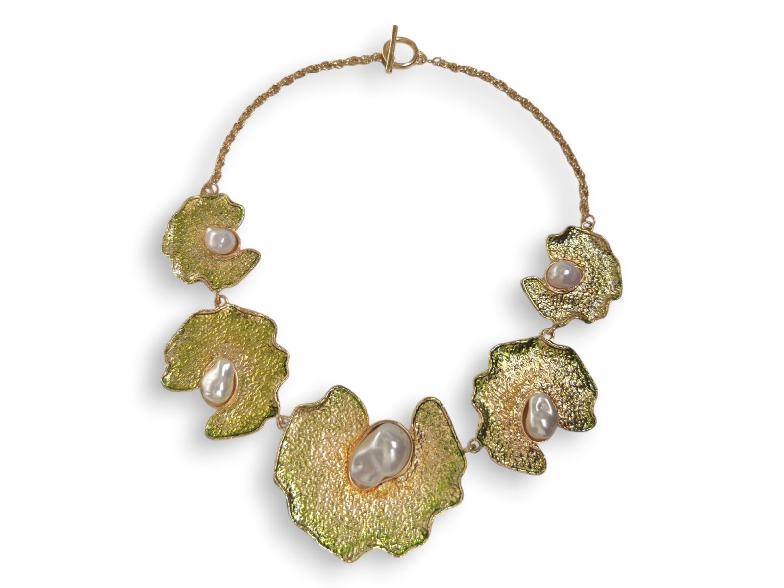 A Golden Metal Chain Necklace With Five Linked Patterned Waterlily Panels, Each With A White Glass Baroque Faux Pearl.