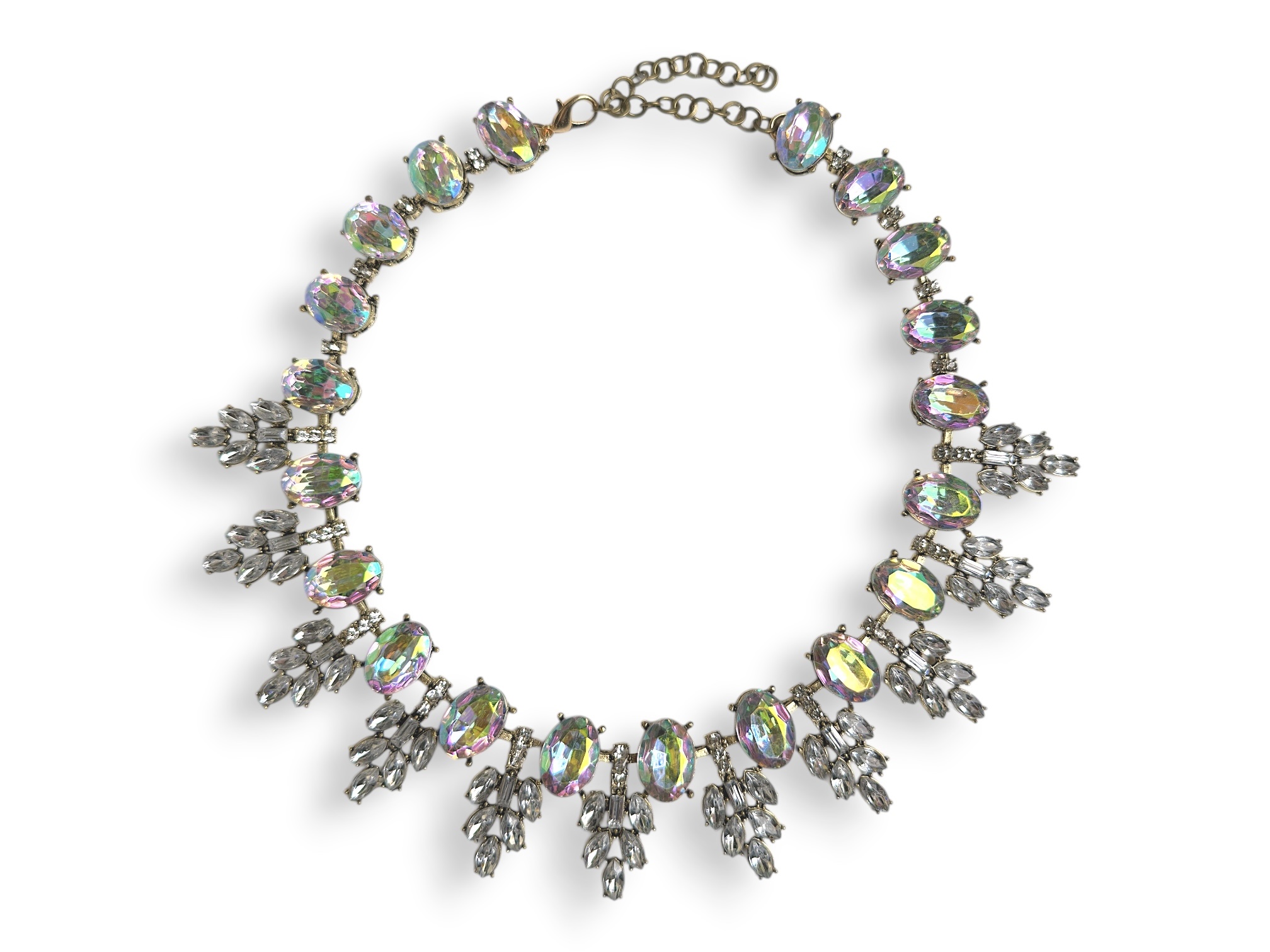 A Golden Metal Necklace With Iridescent And Clear Facetted Resin Cabochons.