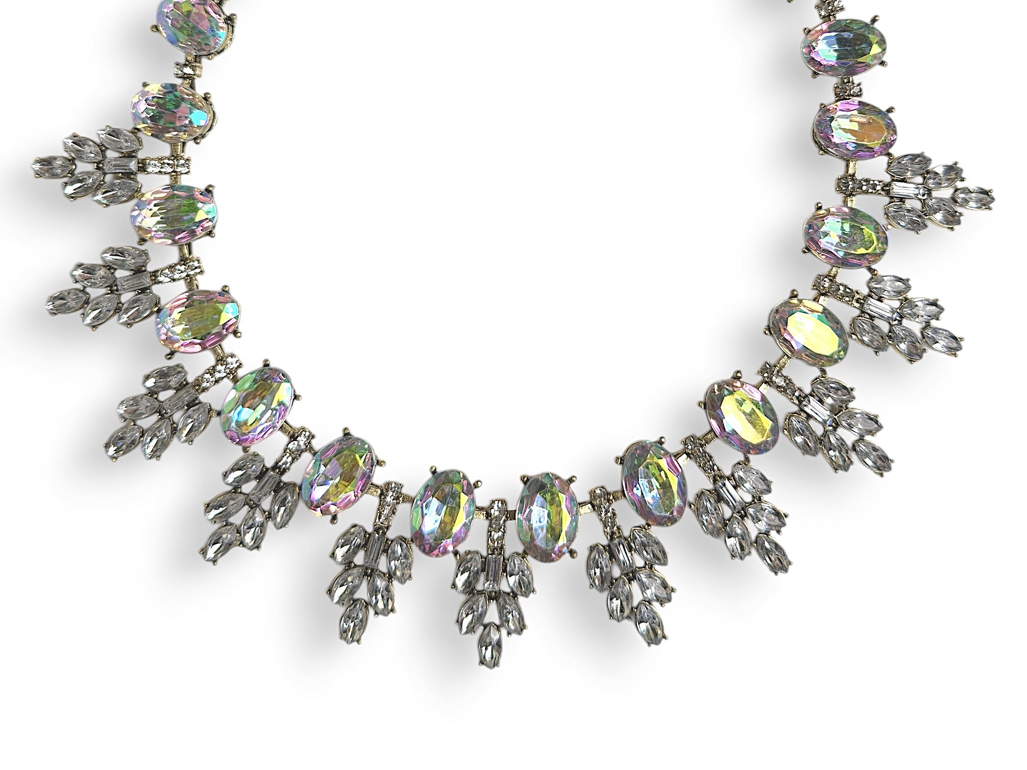 A Golden Metal Necklace With Iridescent And Clear Facetted Resin Cabochons. - Image 2