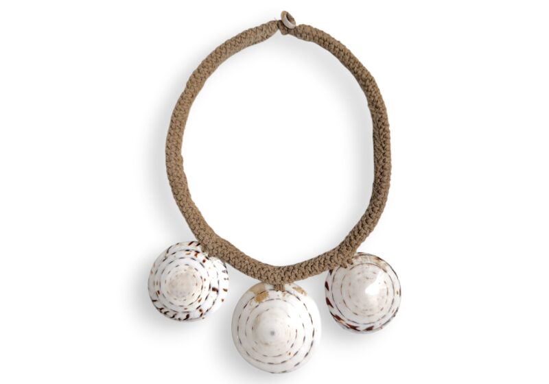 A New Guinea Braided Rope Tribal Necklace With Three Domed Circular Pendants Of White Patterned Shells