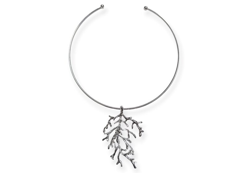 A Silvered Metal Coral Branches Pendant On A Silvered Metal Circular Open Band Torque Necklace.
