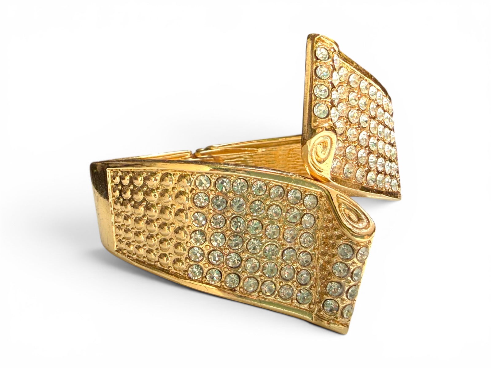 A Hinged Golden Metal Cuff Of Two Tapered Bands Inlaid With Clear Facetted Glass Cabochons - Image 2