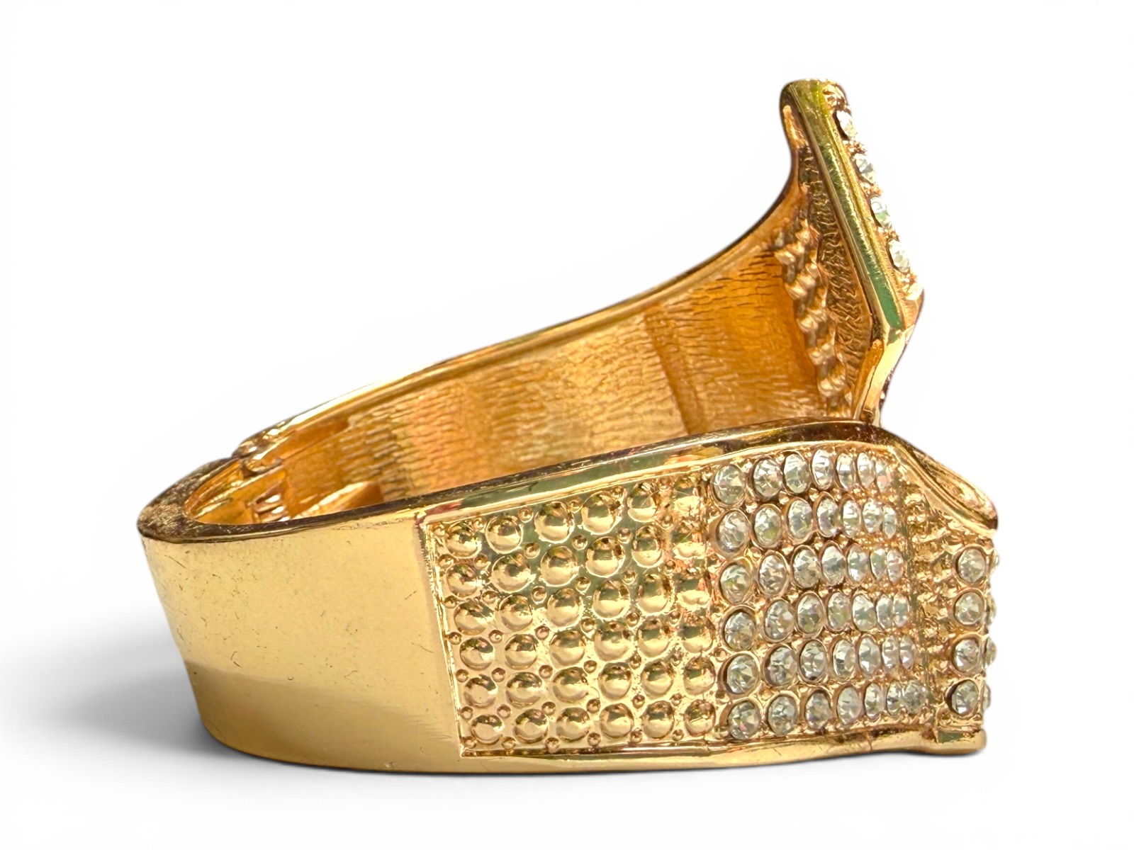 A Hinged Golden Metal Cuff Of Two Tapered Bands Inlaid With Clear Facetted Glass Cabochons - Image 3