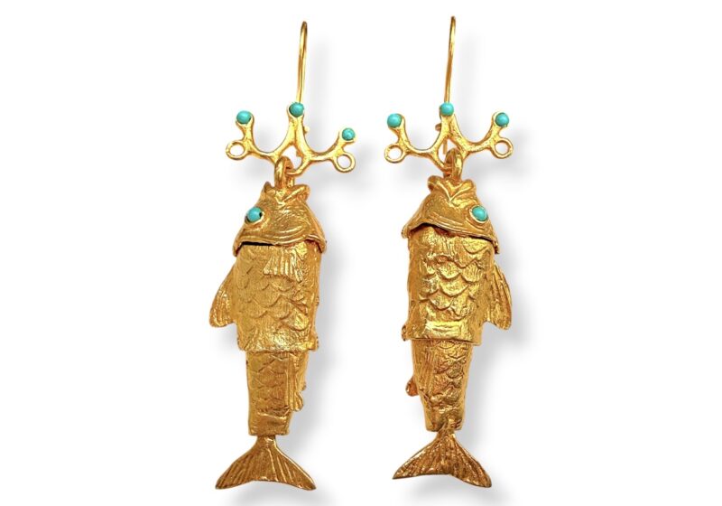 A Pair Of Gold Plated Articulated Long Fish Drop Earrings With Turquoise Glass Cabochons