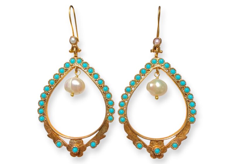 A Pair Of Gold Plated Teardrop Shaped Hoop Earrings With Small Turquoise Dyed Glass Round Beads And A White Freshwater Pearl Pendant.