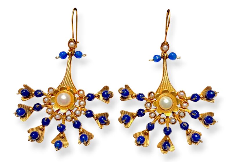 A Pair Of Gold Plated Floral Patterned Earrings With Blue Facetted Glass Beads, And White Freshwater Pearls.
