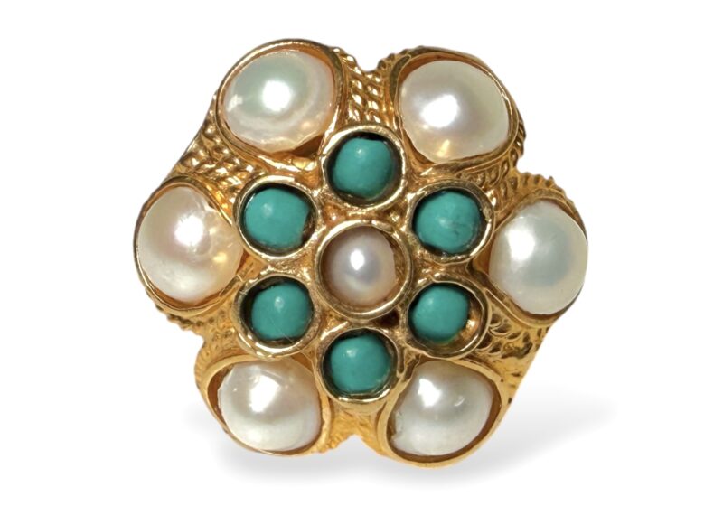 A Gold Plated, Adjustable Open Band Ring With A Domed Circular Top, Inlaid With White Pearls And Round Turquoise Beads.
