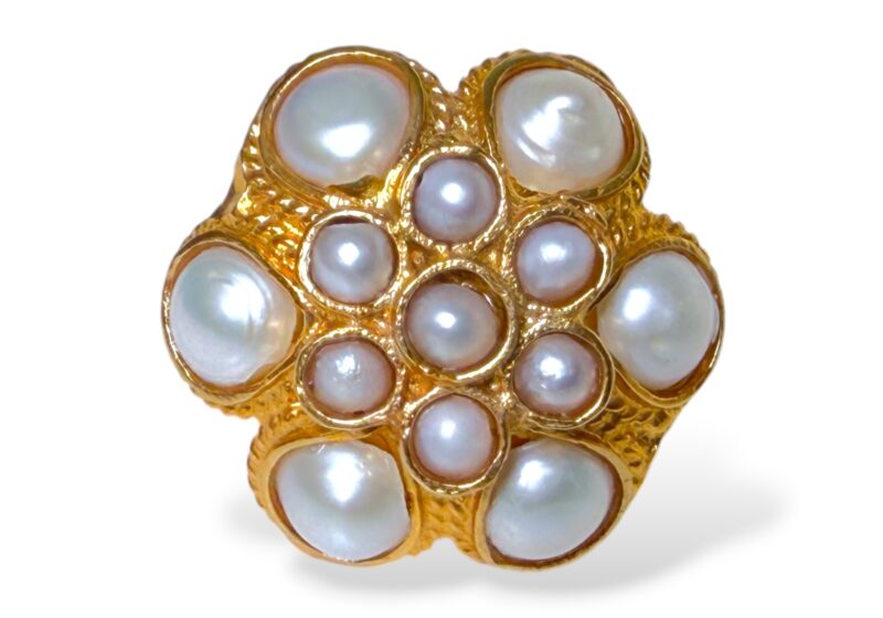 A Gold Plated Ring With A Domed Circular Top, Inlaid With Thirteen White Freshwater Pearls.