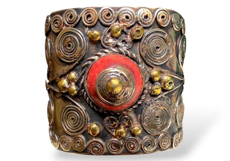 A Greek Silvered Metal Open Cuff Decorated With Brass Coiled Bands And Round Beads.