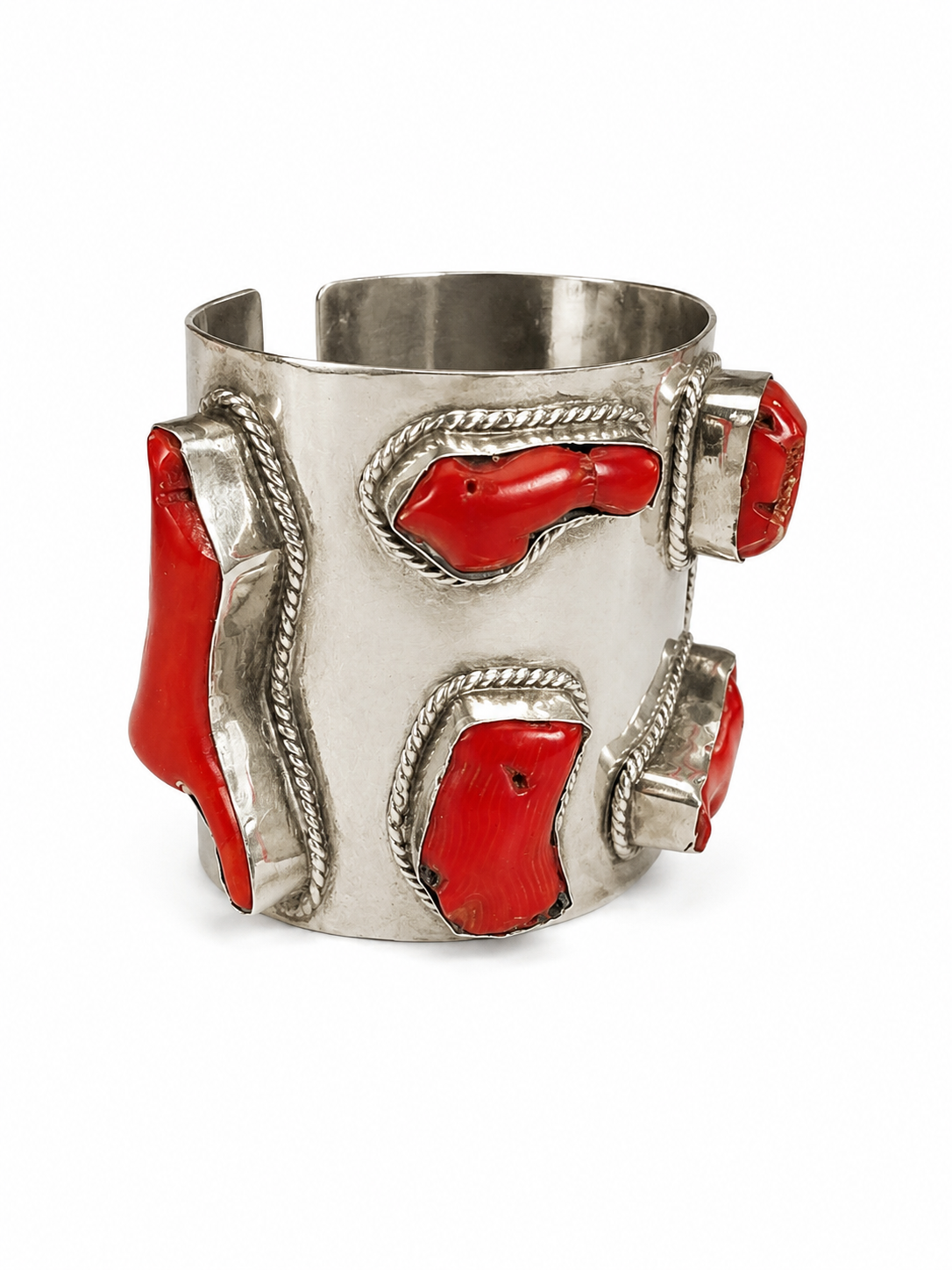 A Silvered Metal Open Cuff With Eight Red Dyed Sea Bamboo Coral Branches, Each Set In A Raised Silvered Metal Frame. - Image 2