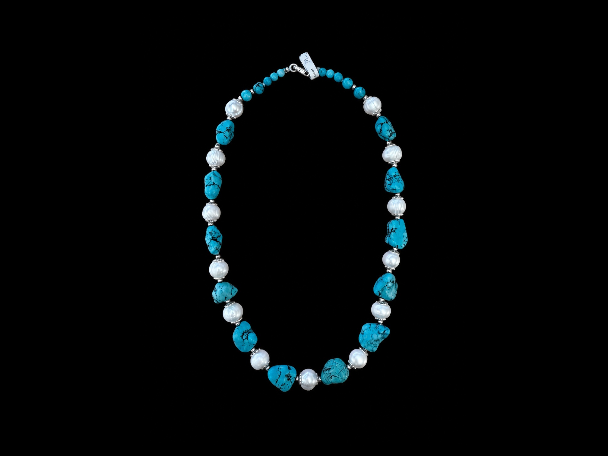 A Necklace Of Turquoise Dyed Howlite Nuggets , Small Round Turquoise Dyed Howlite Beads, And White Round Freshwater Pearls.