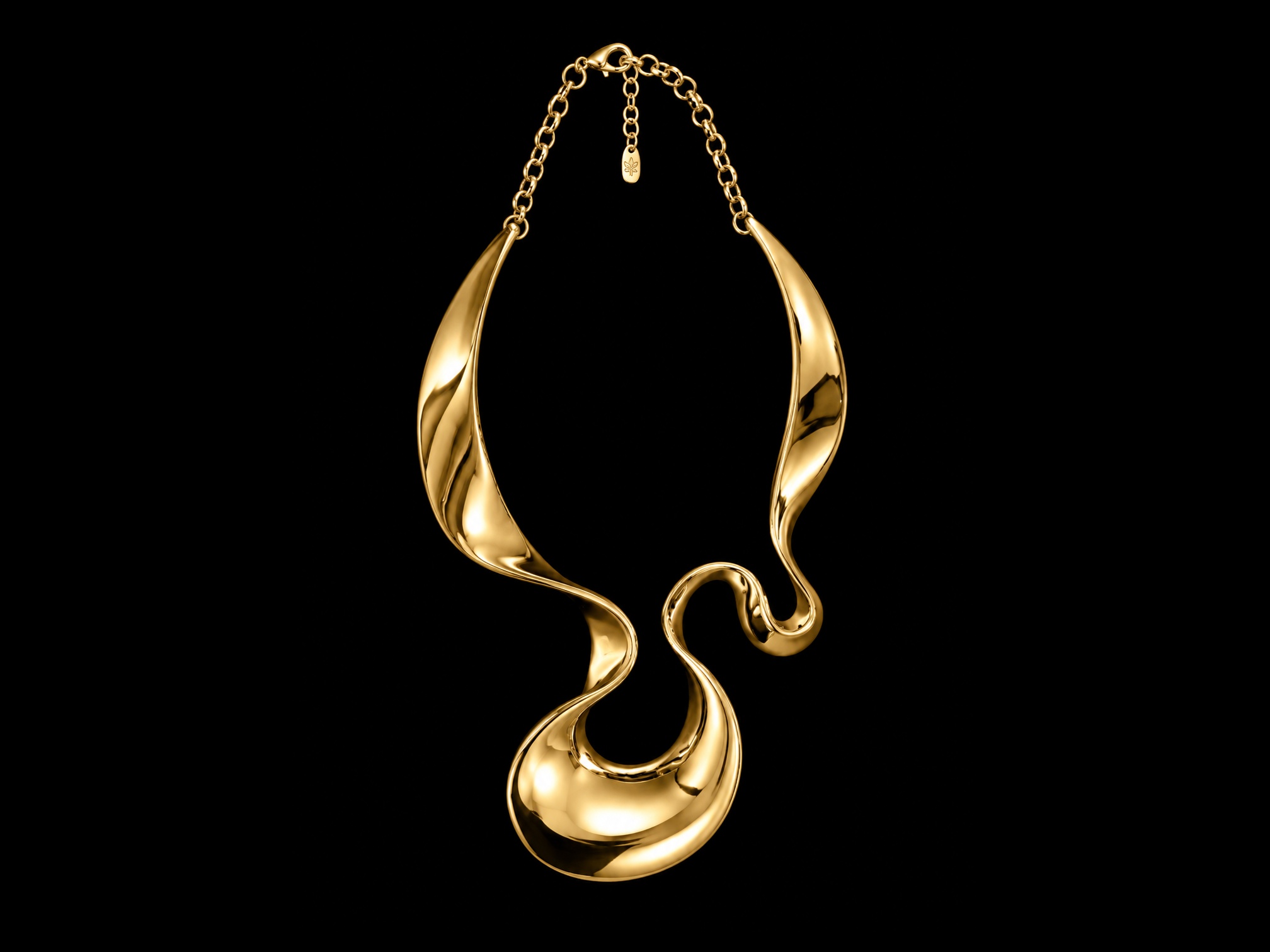 A Golden Metal Large Coiled And Curved Wide Tapered Band, On A Golden Metal Chain Necklace.