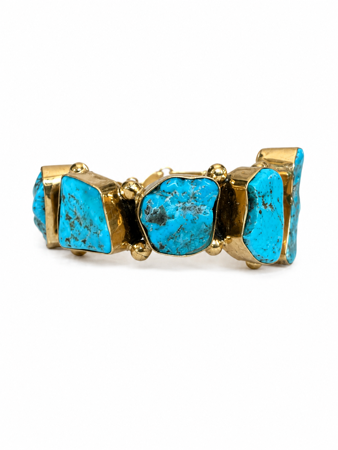 A Golden Metal Open Cuff With Nine Turquoise Irregular Shaped Nuggets, Each Set In A Raised Golden Metal Frame. - Image 2