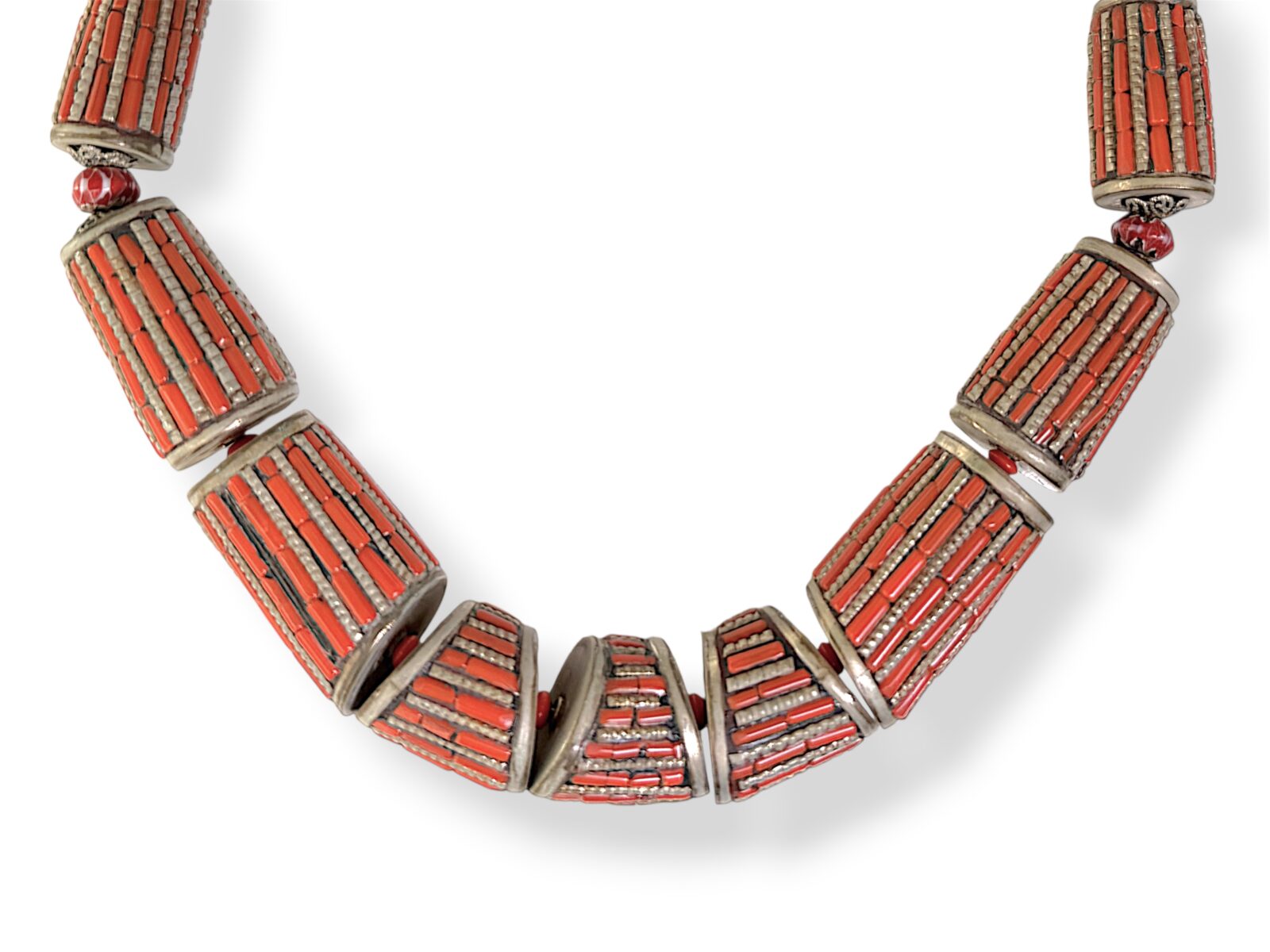 A Nepalese Necklace Of Silver Plated Mixed Shaped And Sized Beads, Each Inlaid With Orange Coral Tubular Beads - Image 2