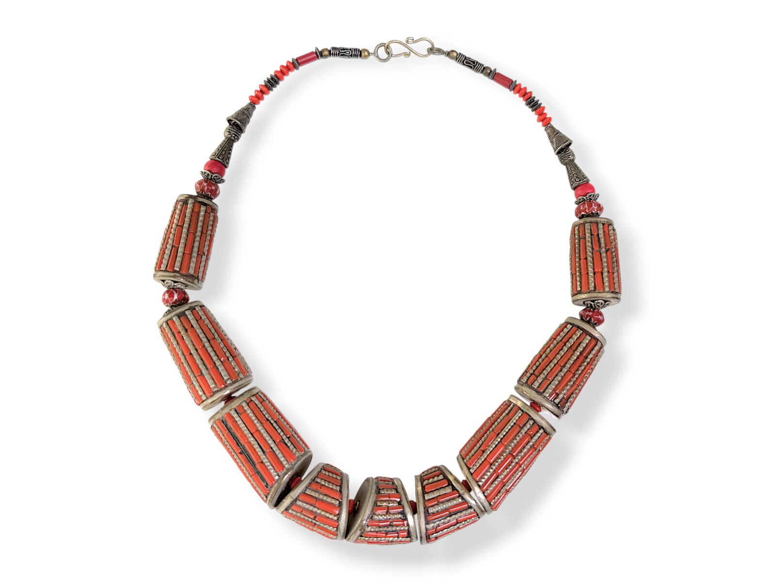 A Nepalese Necklace Of Silver Plated Mixed Shaped And Sized Beads, Each Inlaid With Orange Coral Tubular Beads