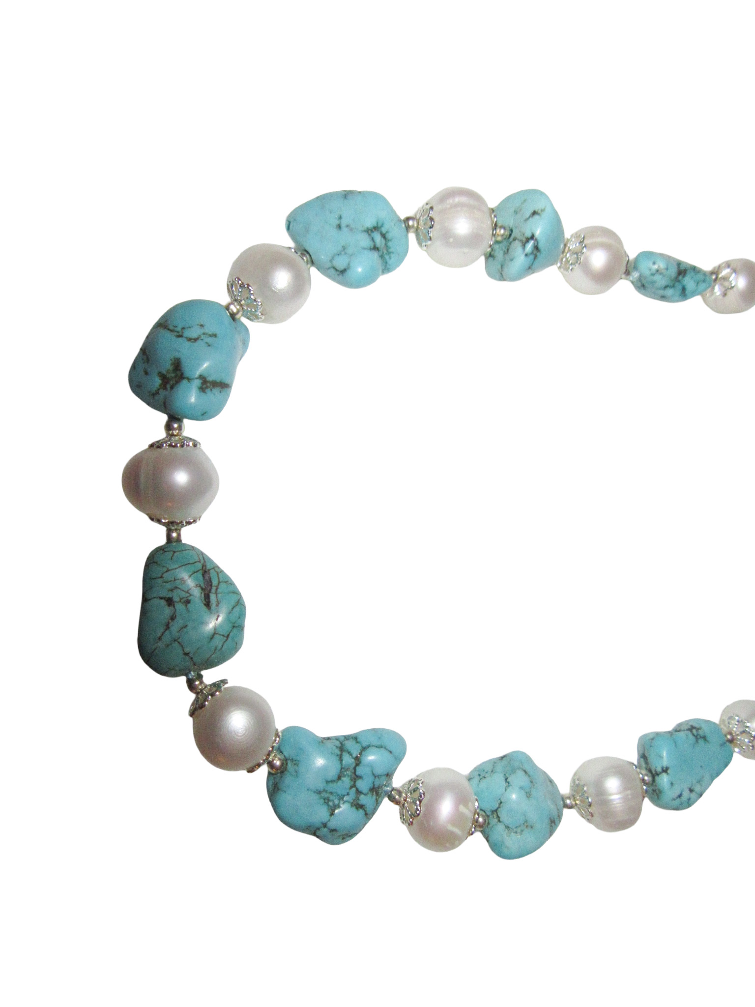 A Necklace Of Turquoise Dyed Howlite Nuggets , Small Round Turquoise Dyed Howlite Beads, And White Round Freshwater Pearls. - Image 2