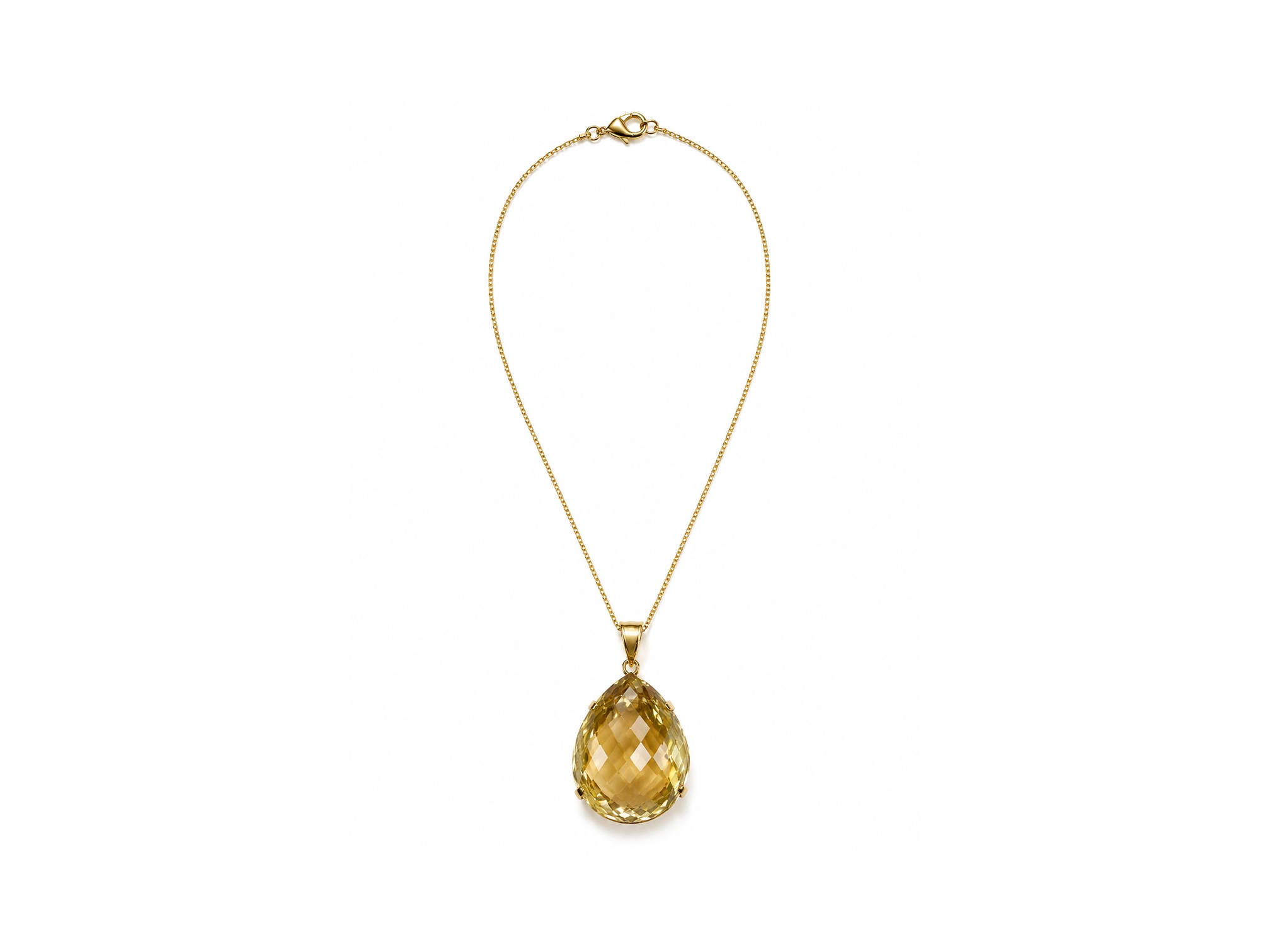 A Large Lemon Quartz Domed Facetted Teardrop Shaped Pendant Set In A Gold Plated Frame, On A Gold Plated Chain Necklace.