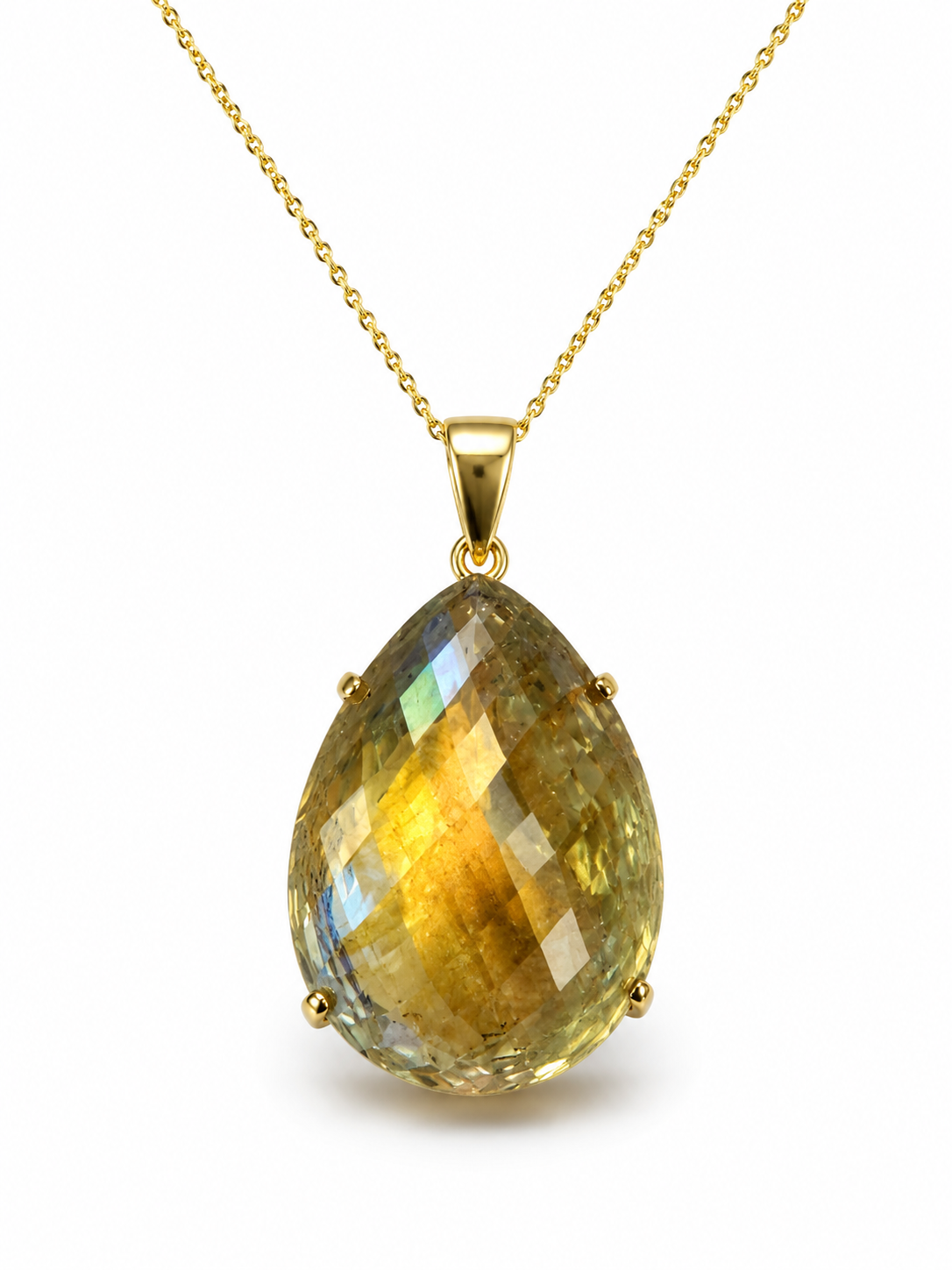 A Large Lemon Quartz Domed Facetted Teardrop Shaped Pendant Set In A Gold Plated Frame, On A Gold Plated Chain Necklace. - Image 2