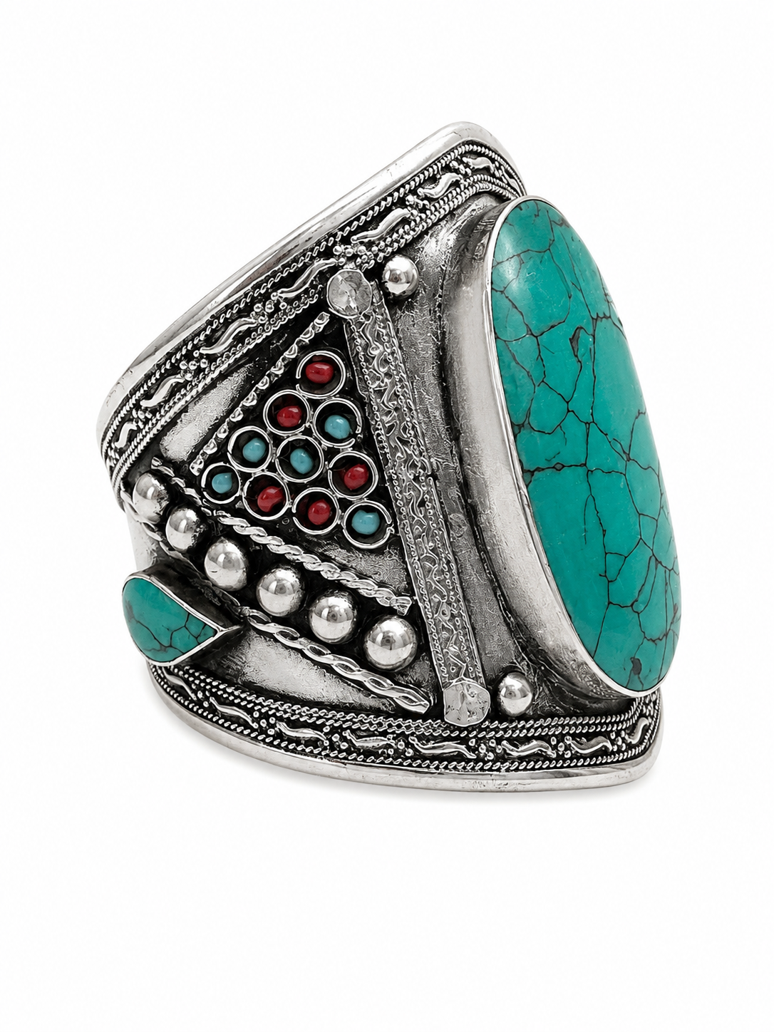 An Afghan Silvered Metal Open Cuff, Inlaid With A Turquoise Dyed Howlite Domed Oval Panel And Small Round Blue And Red Glass Beads. - Image 2