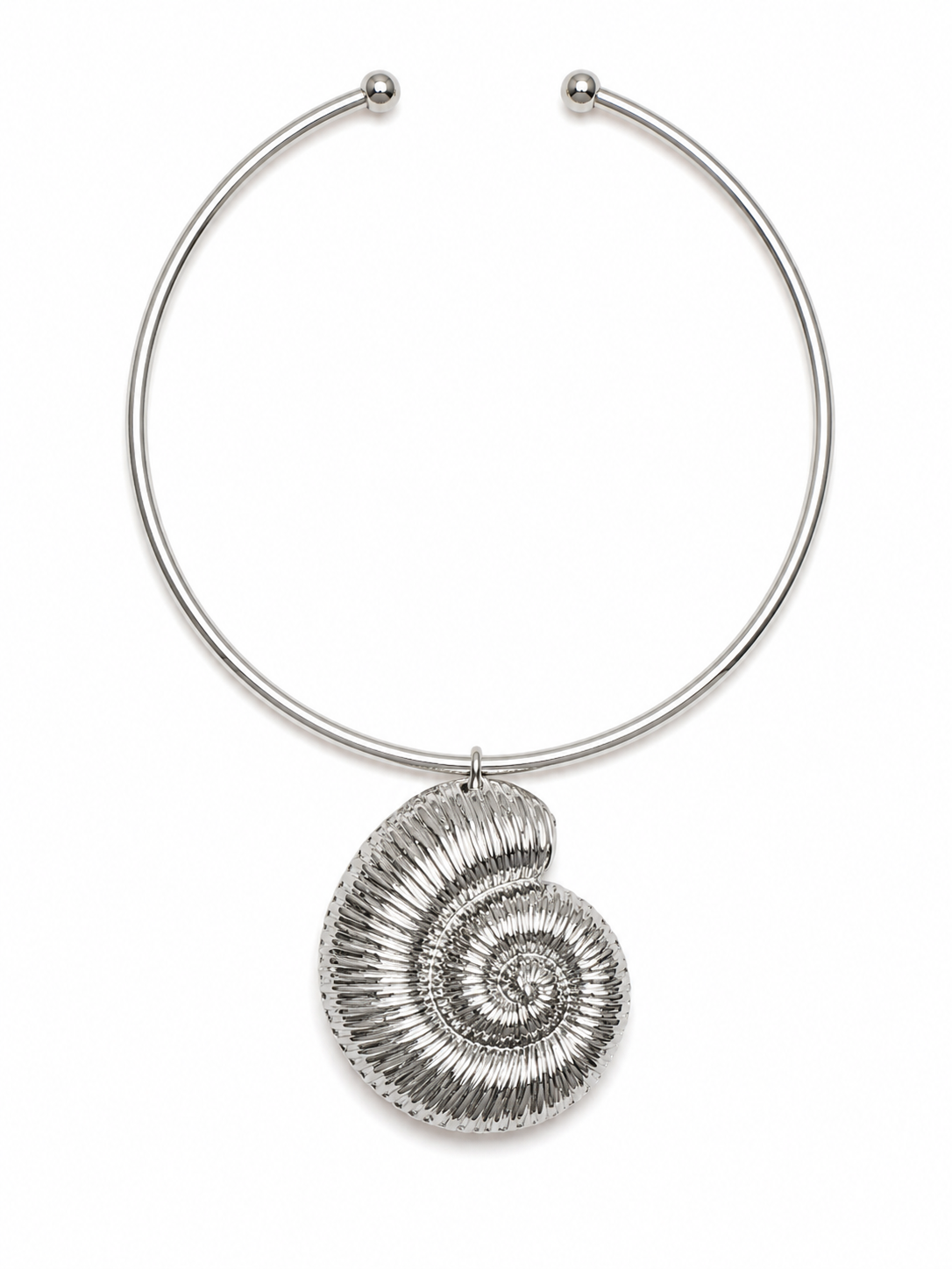 A Silvered Metal Circular Open Band Necklace With A Silvered Metal Striped Coiled Hollow Band Shell Pendant.