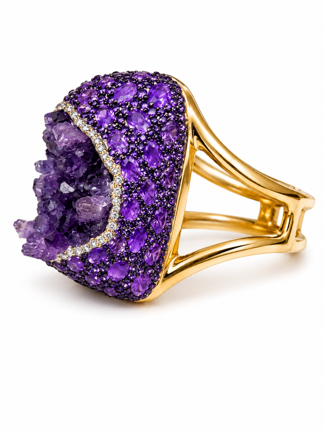 A Golden MetalTwo Band Hinged Bangle With A Large Domed Rectangular Panel, Inlaid With Amethyst Crystals. - Image 2