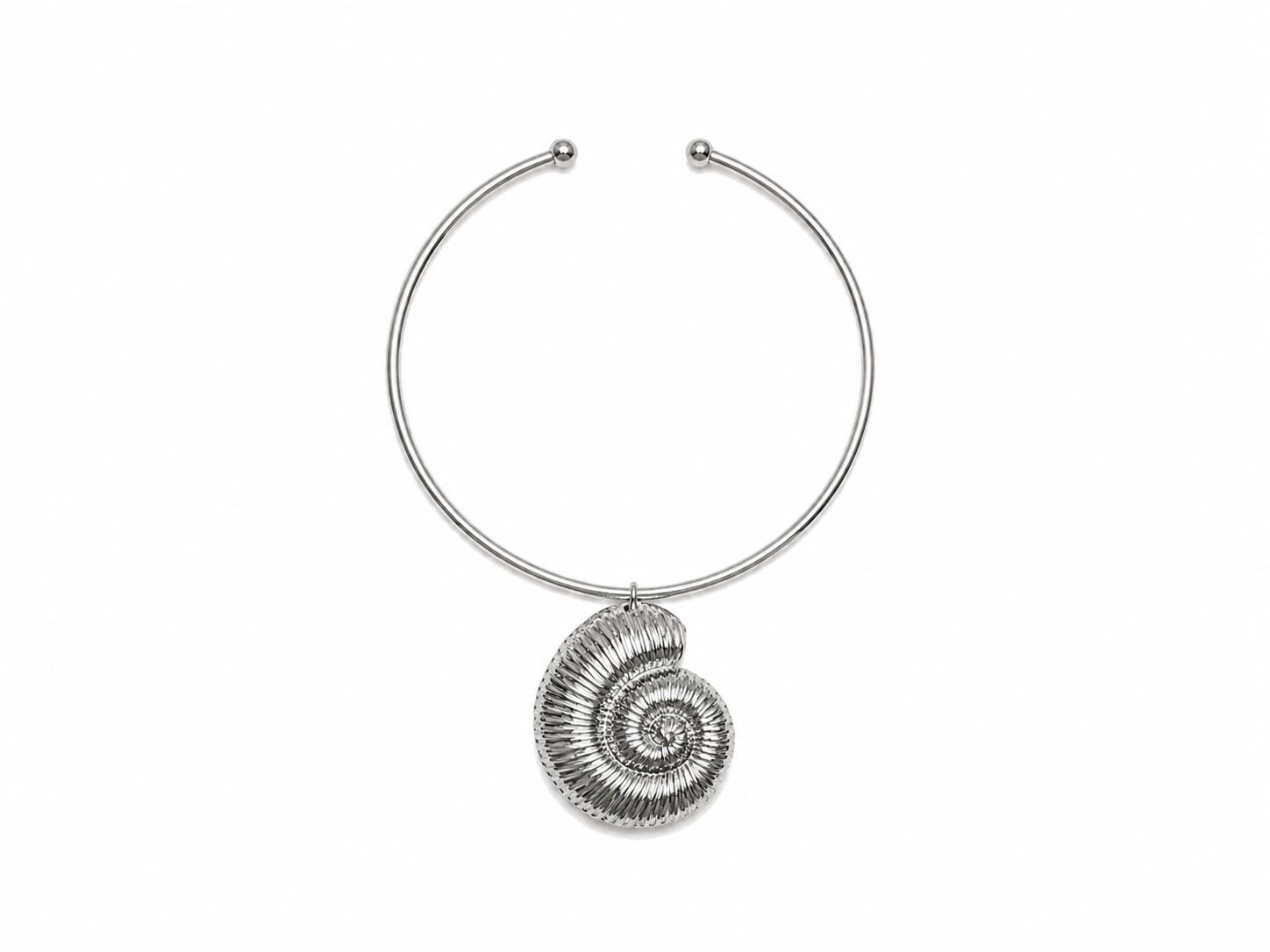 A Silvered Metal Circular Open Band Necklace With A Silvered Metal Striped Coiled Hollow Band Shell Pendant.