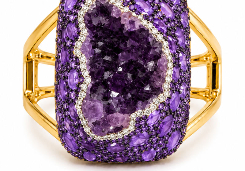A Golden MetalTwo Band Hinged Bangle With A Large Domed Rectangular Panel, Inlaid With Amethyst Crystals.