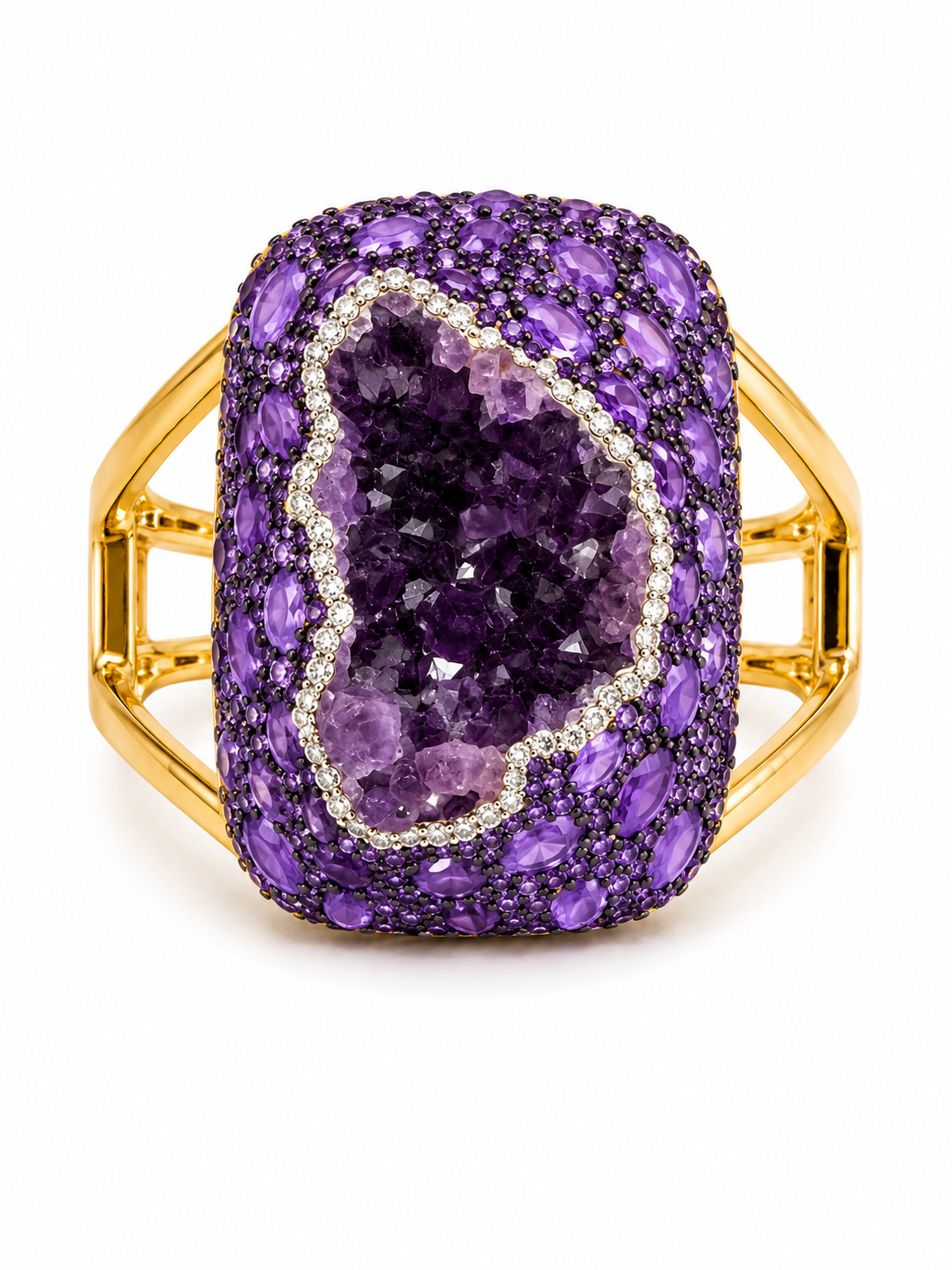A Golden MetalTwo Band Hinged Bangle With A Large Domed Rectangular Panel, Inlaid With Amethyst Crystals.