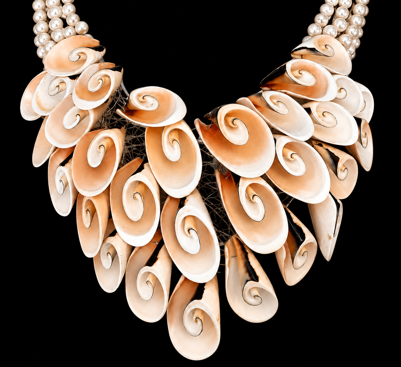 A Four Strand Necklace Of White Freshwater Pearls, And A Curved Tapered Three Row Panel Of Curved And Coiled Light Brown Shell Oval Slices. - Image 2